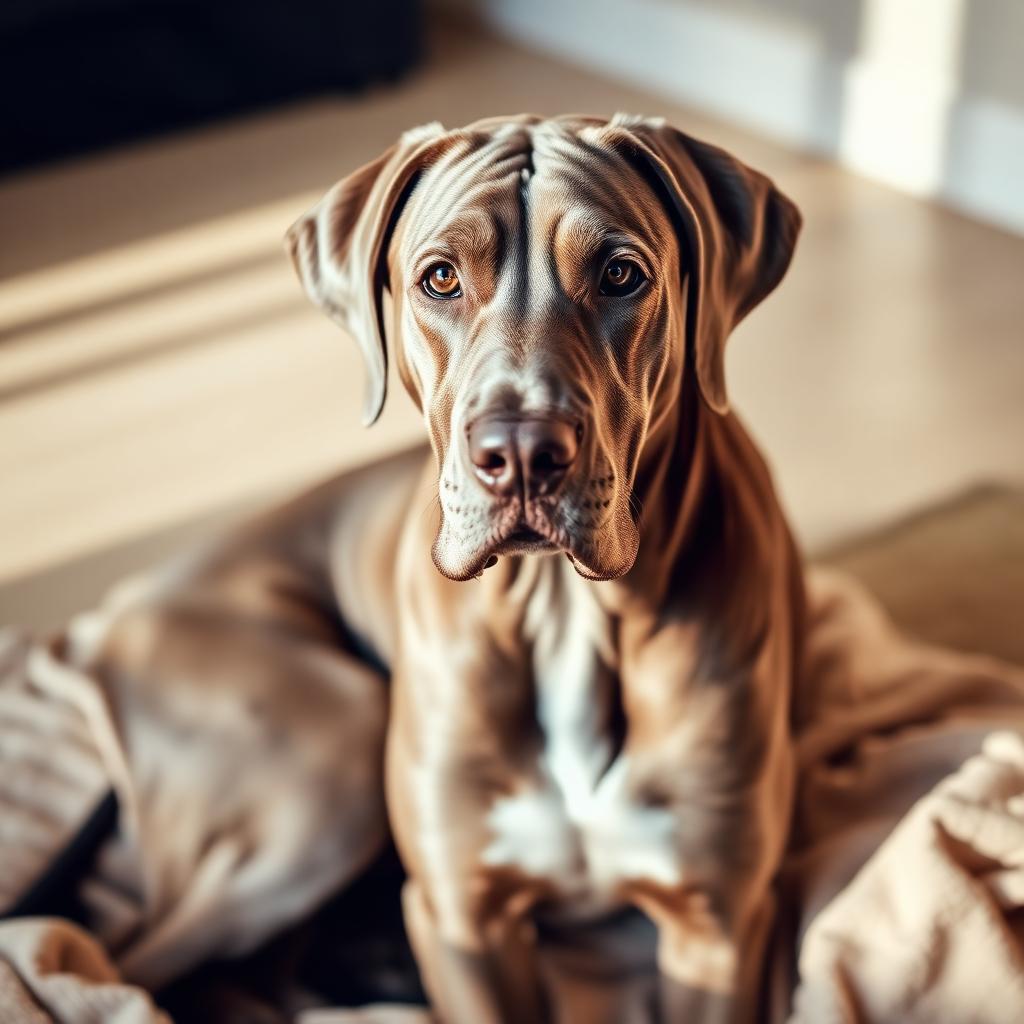 Carl, a foster dog resting at home