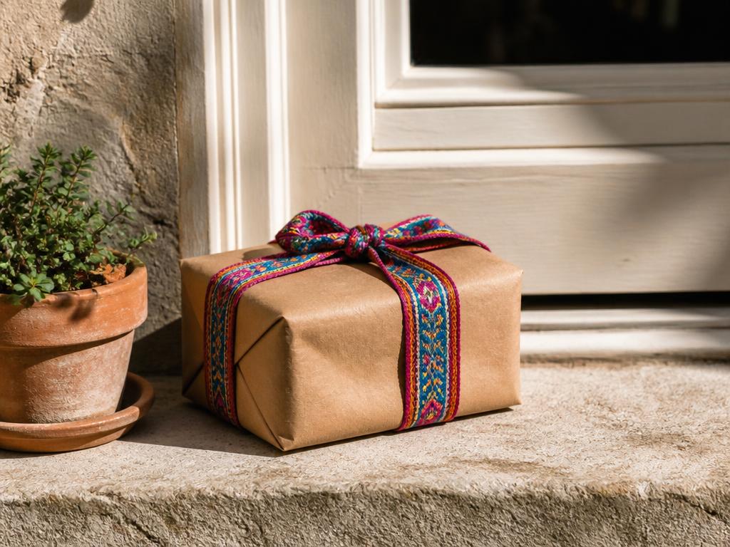 A kraft parcel tied with a bright Andean woven ribbon on a sunlit doorstep