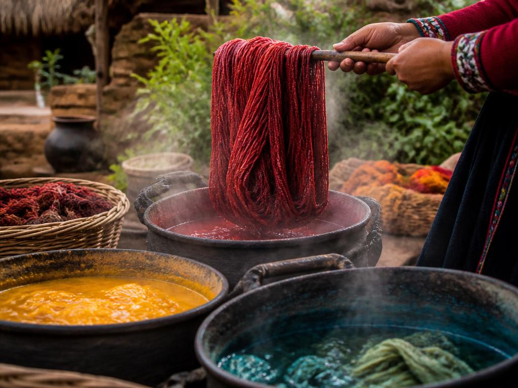 Skeins of yarn lifted from steaming clay dye pots of red, marigold and turquoise
