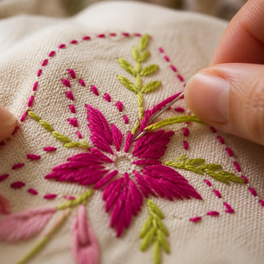 Hand embroidery in fuchsia and lime thread on natural cloth