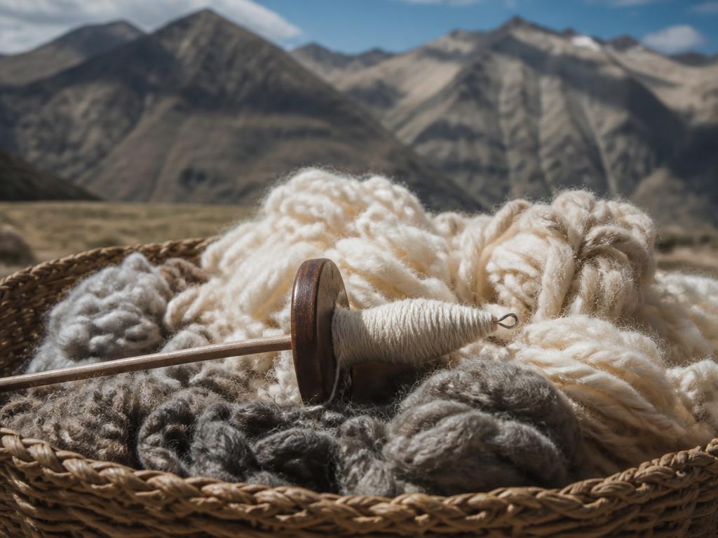 Raw alpaca and sheep fleece in a woven basket with a drop spindle, Andean mountains behind