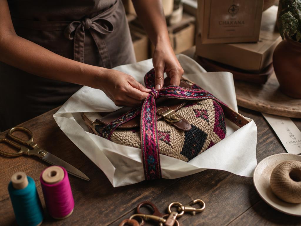 A handwoven bag being wrapped in tissue and tied with a colorful woven ribbon