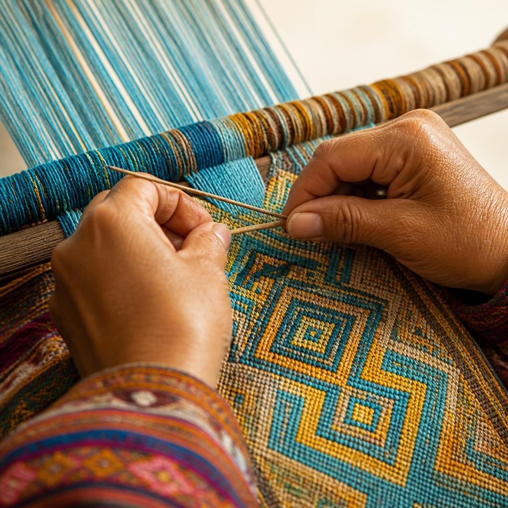 Hands weaving a turquoise and marigold pattern on a backstrap loom