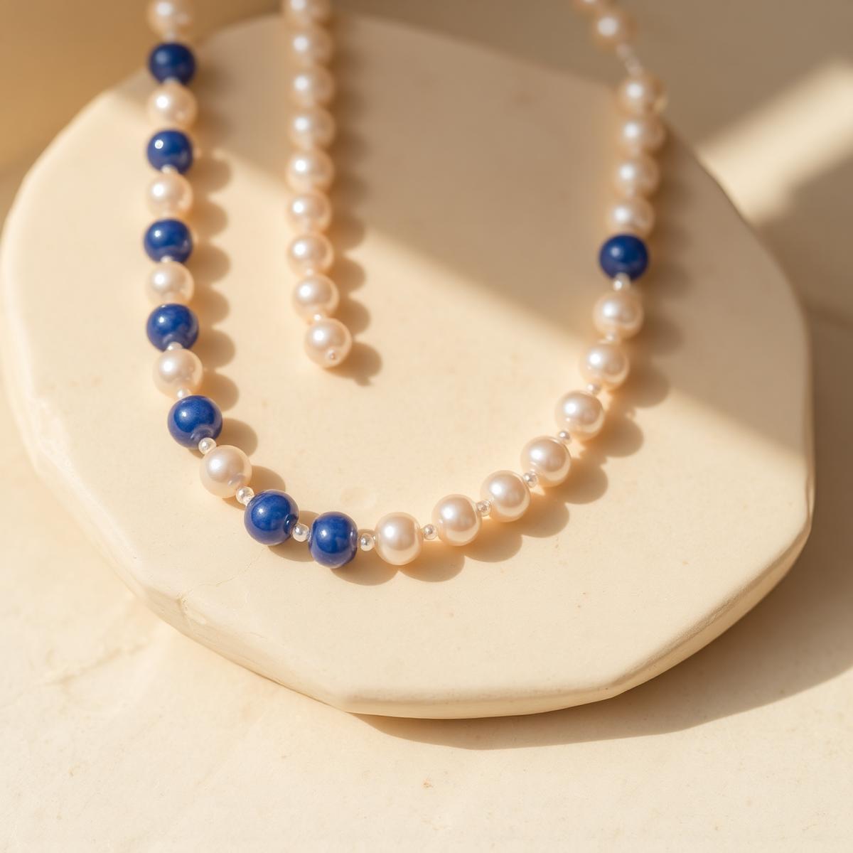 Detail of pearl and blue glass beads