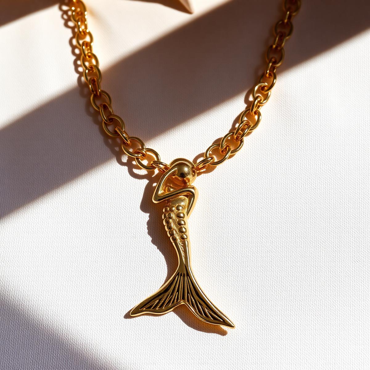 Detail of the sculptural mermaid pendant and chain links